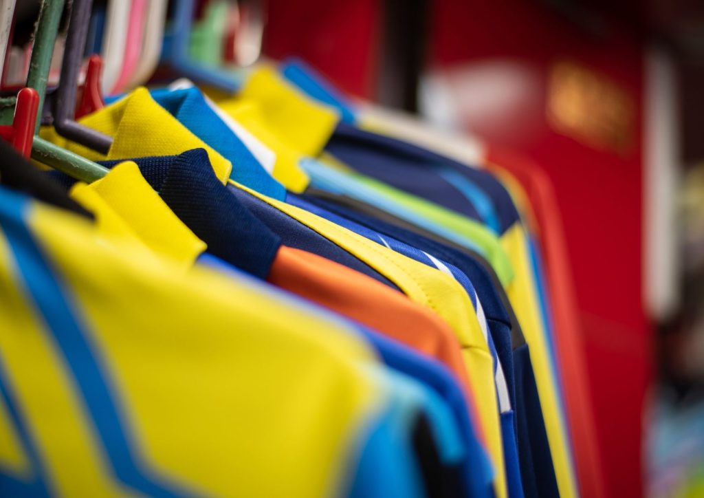 Collection of soccer or football shirts and jerseys